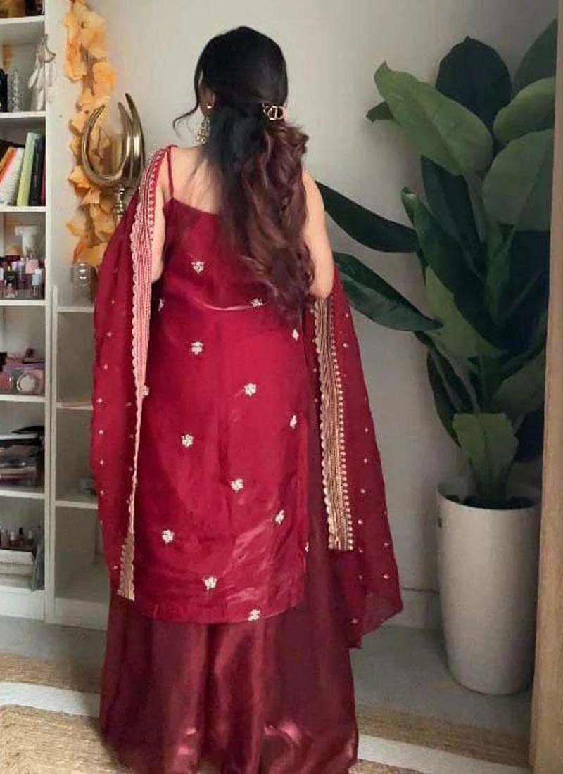Prazu Fashion Maroon Silk Embroidered Thread Palazzo Suit - Swadesiicart
