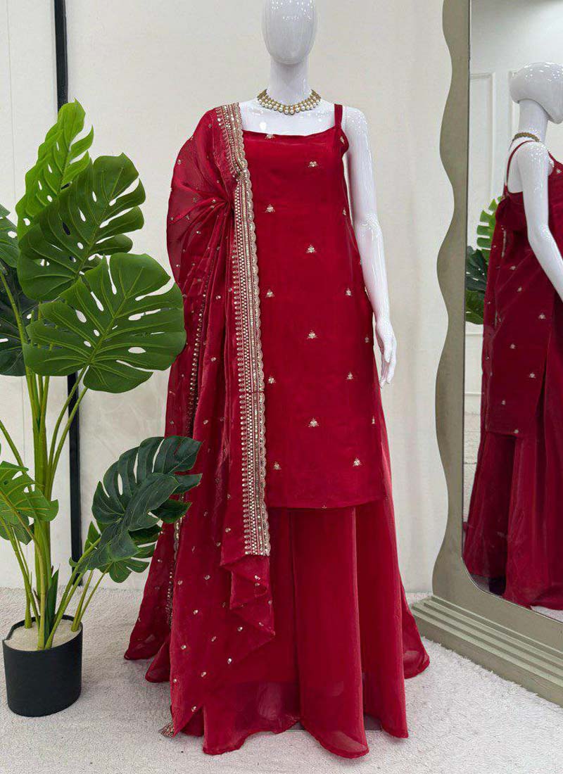 Prazu Fashion Maroon Silk Embroidered Thread Palazzo Suit - Swadesiicart
