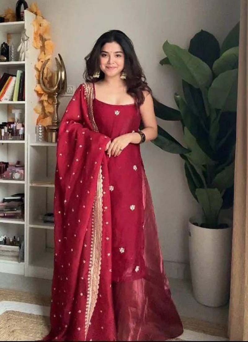 Prazu Fashion Maroon Silk Embroidered Thread Palazzo Suit - Swadesiicart