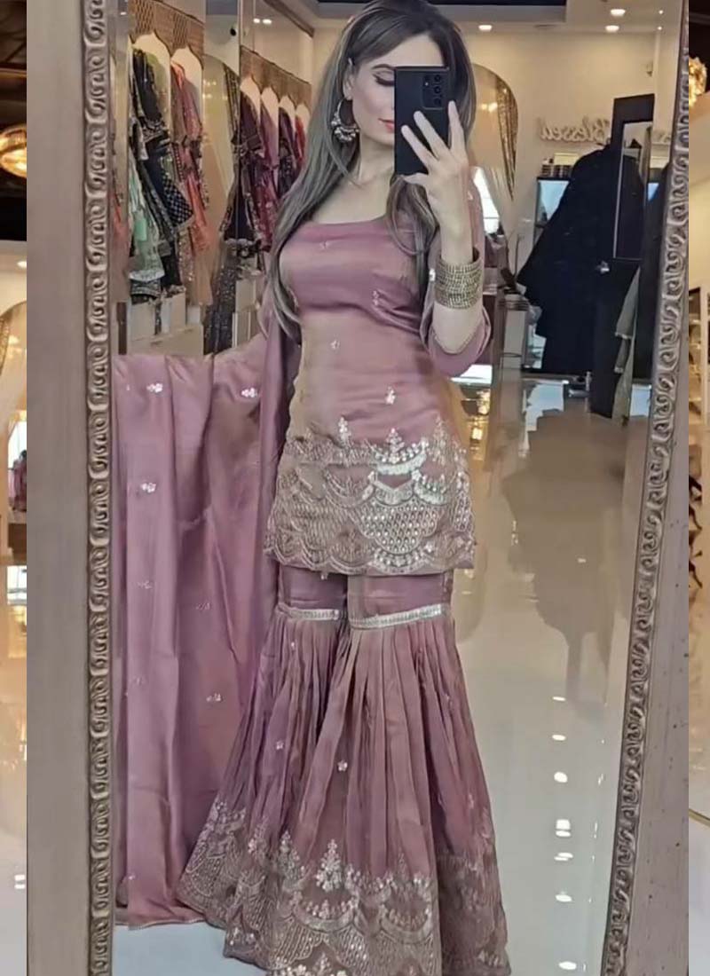 Prazu Fashion Onion Pink Chinon Silk Embroidered Plazzo Suit - Swadesiicart