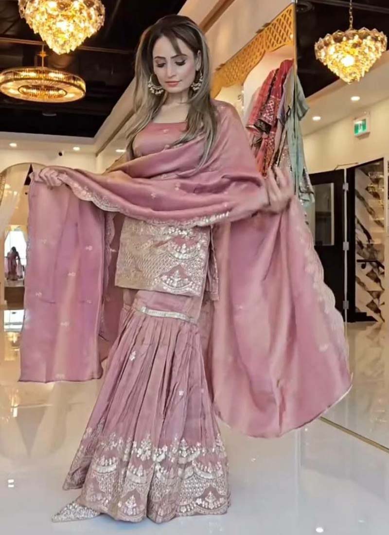 Prazu Fashion Onion Pink Chinon Silk Embroidered Plazzo Suit - Swadesiicart
