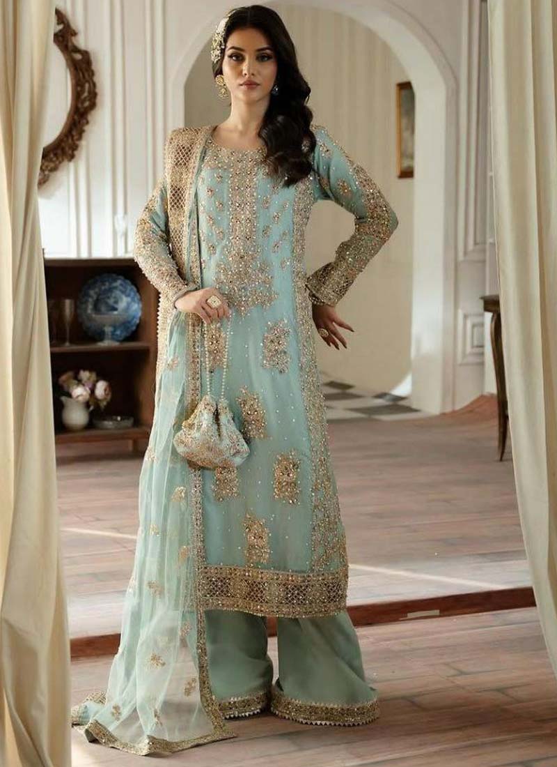 Prazu Fashion Sky Blue Georgette Embroidered Palazzo Suit - Swadesiicart