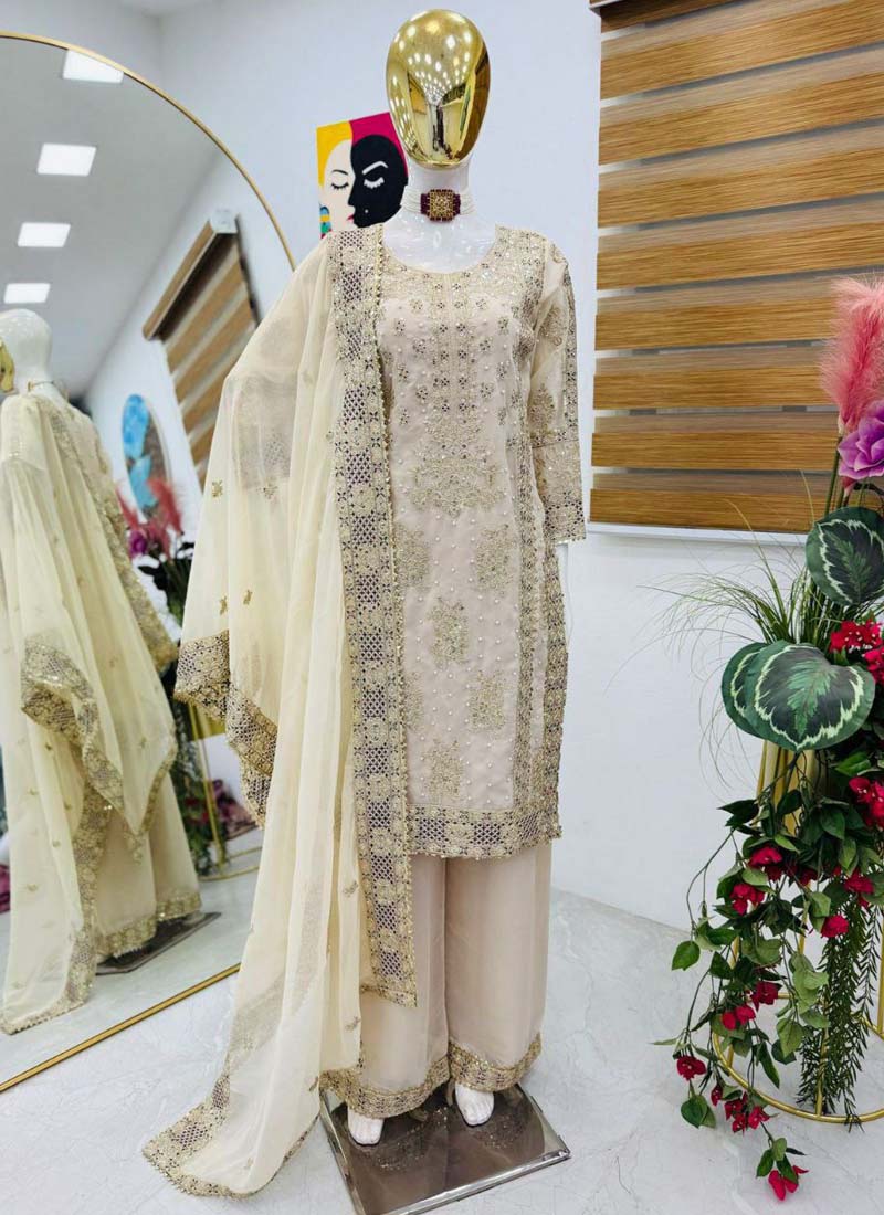 Prazu Fashion Off White Georgette Embroidered Palazzo Suit - Swadesiicart