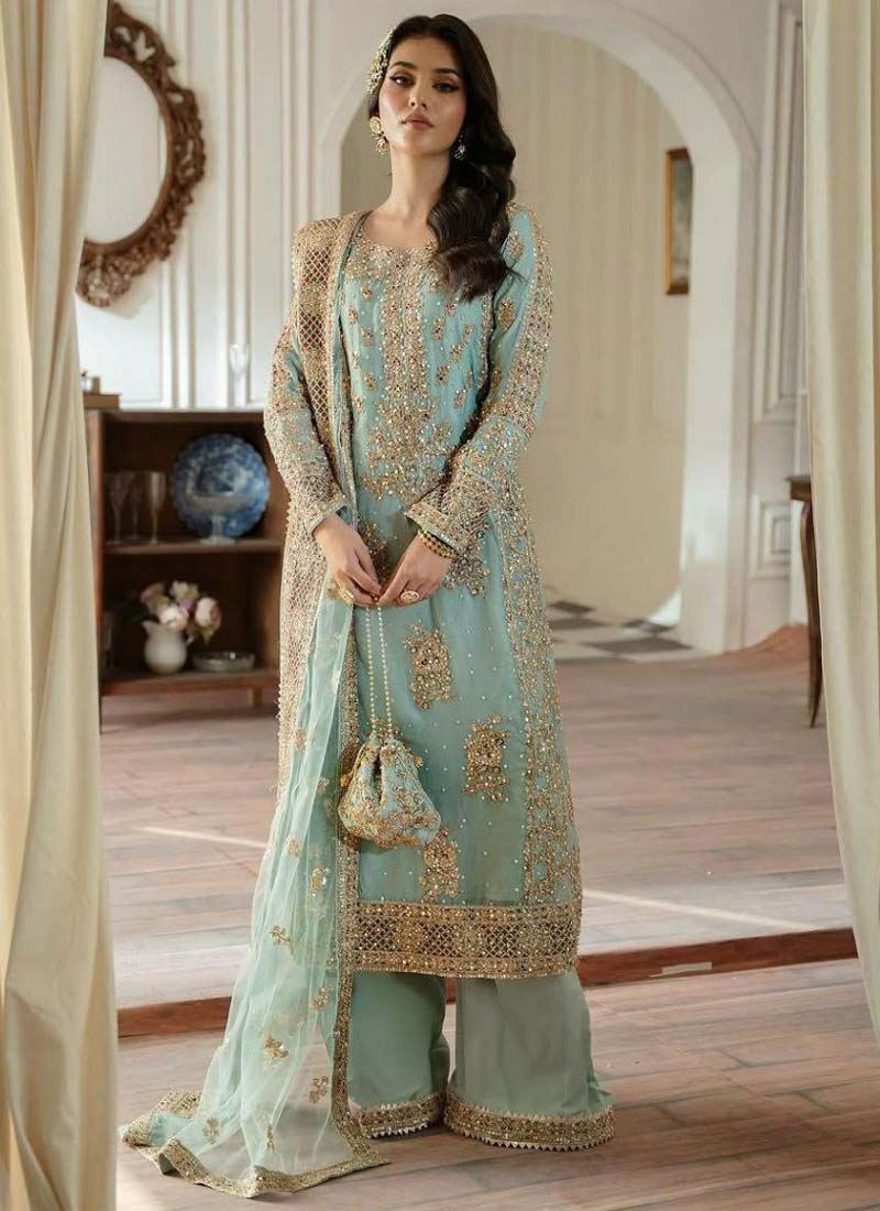 Prazu Fashion Sky Blue Georgette Embroidered Palazzo Suit - Swadesiicart