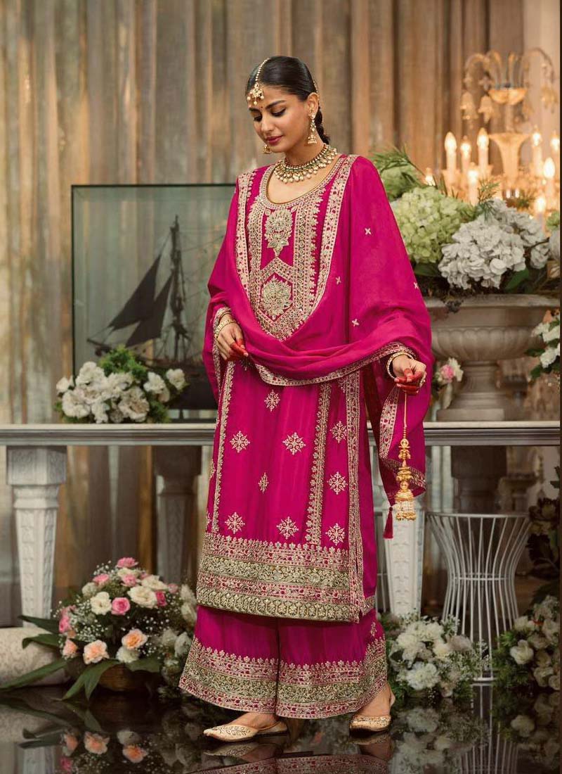 Prazu Fashion Pink Georgette Embroidered Palazzo Suit - Swadesiicart