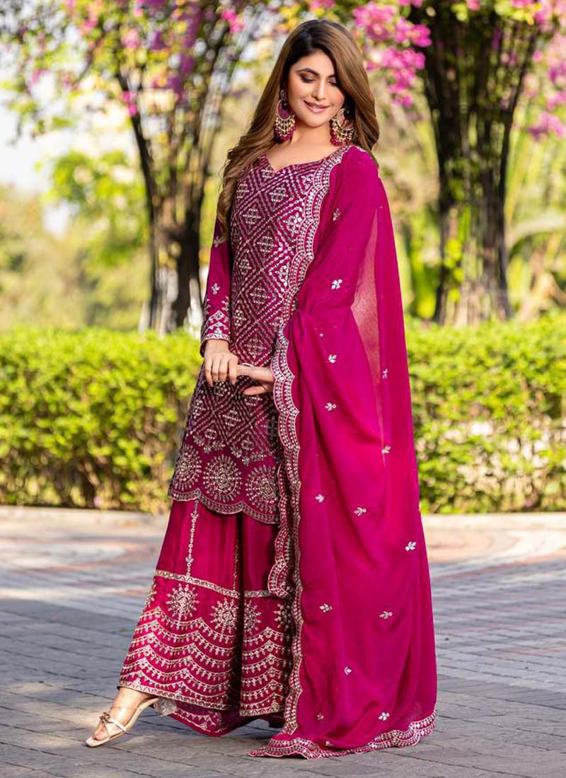 Prazu Fashion Pink Chinon Silk Thread Work Palazzo Suit - Swadesiicart