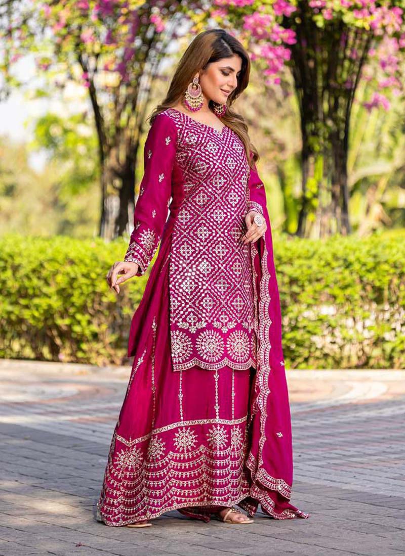 Prazu Fashion Pink Chinon Silk Thread Work Palazzo Suit - Swadesiicart