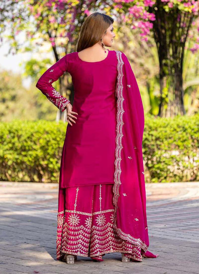 Prazu Fashion Pink Chinon Silk Thread Work Palazzo Suit - Swadesiicart