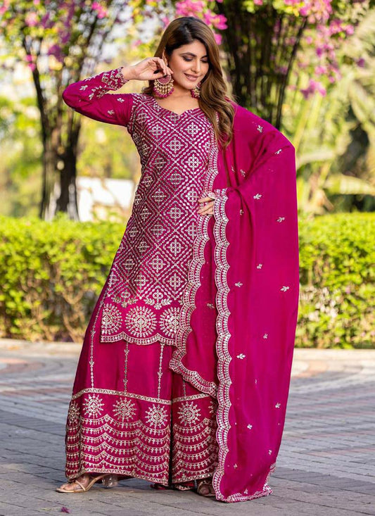 Prazu Fashion Pink Chinon Silk Thread Work Palazzo Suit - Swadesiicart