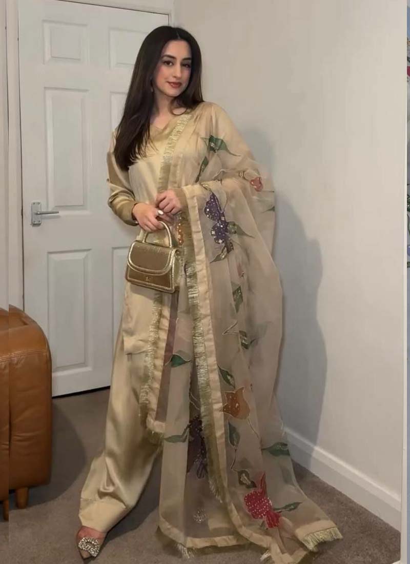 Prazu Fashion Golden Japan Satin Silk Designer Palazzo Suit - Swadesiicart