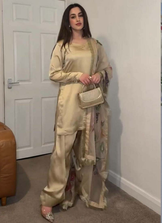 Prazu Fashion Golden Japan Satin Silk Designer Palazzo Suit - Swadesiicart