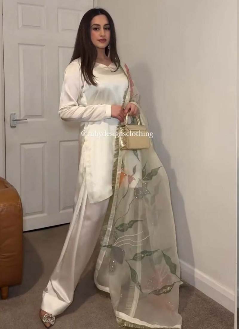 Prazu Fashion Off White Japan Satin Silk Designer Palazzo Suit - Swadesiicart