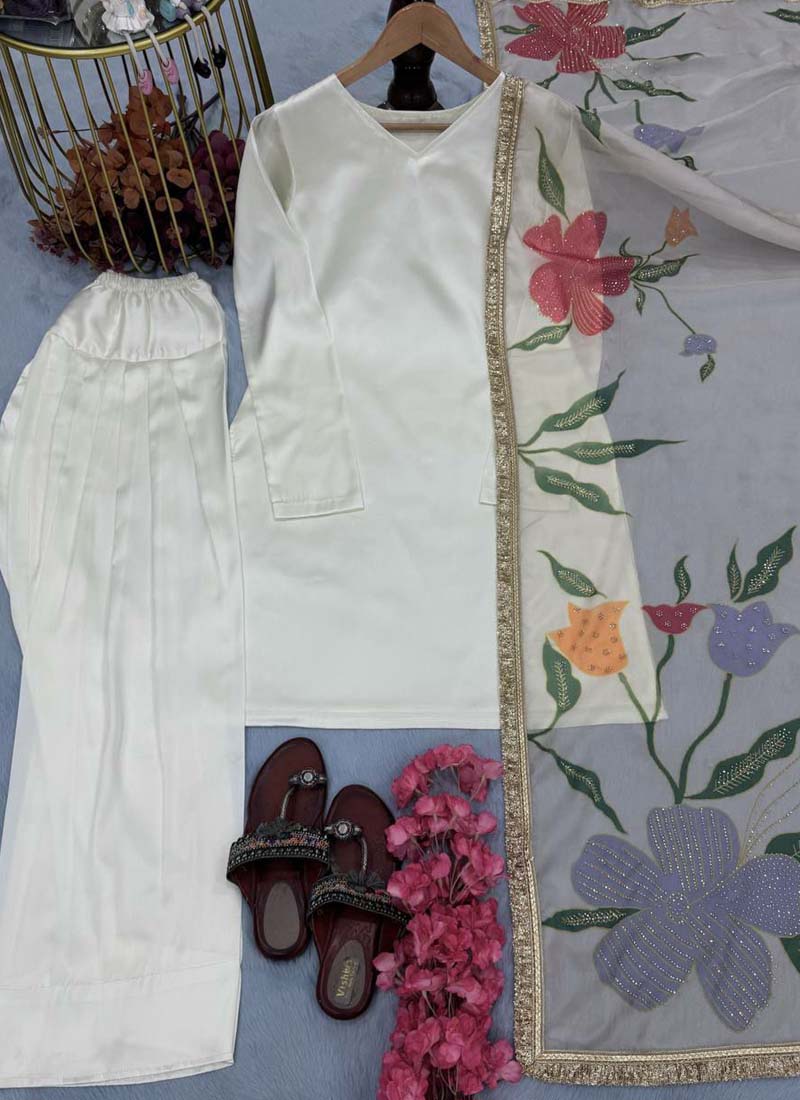 Prazu Fashion Off White Japan Satin Silk Designer Palazzo Suit - Swadesiicart