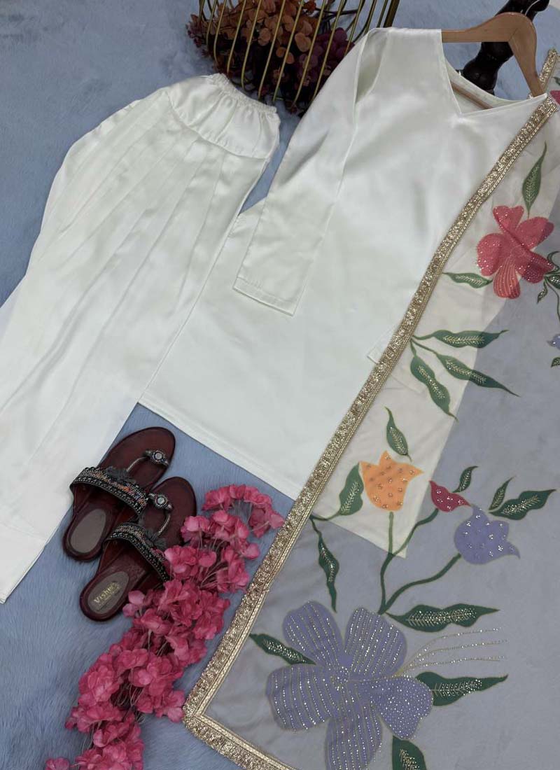 Prazu Fashion Off White Japan Satin Silk Designer Palazzo Suit - Swadesiicart