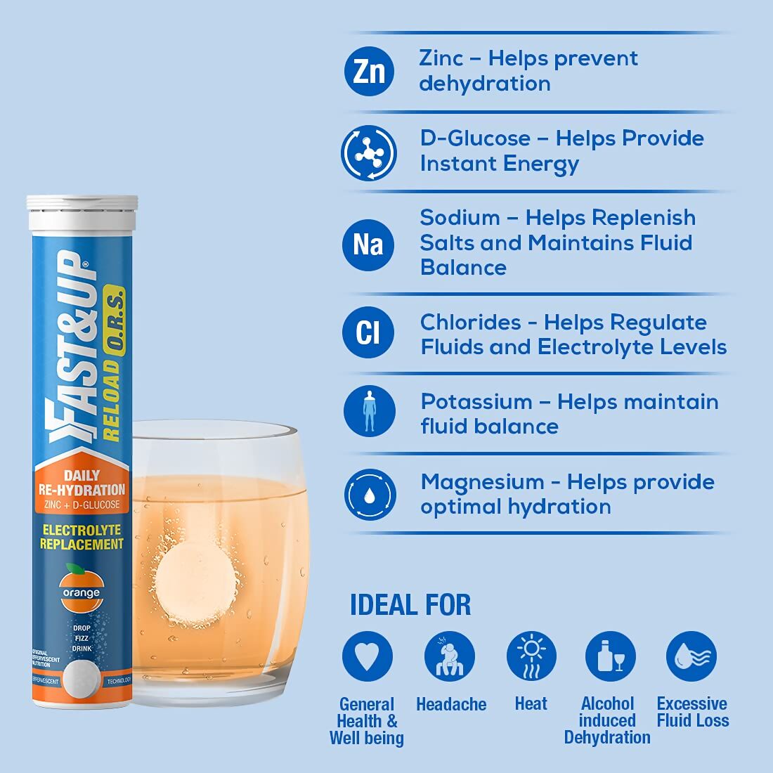 Fast&Up Reload O.R.S Effervescent Electrolyte Tablets - Orange - Swadesiicart
