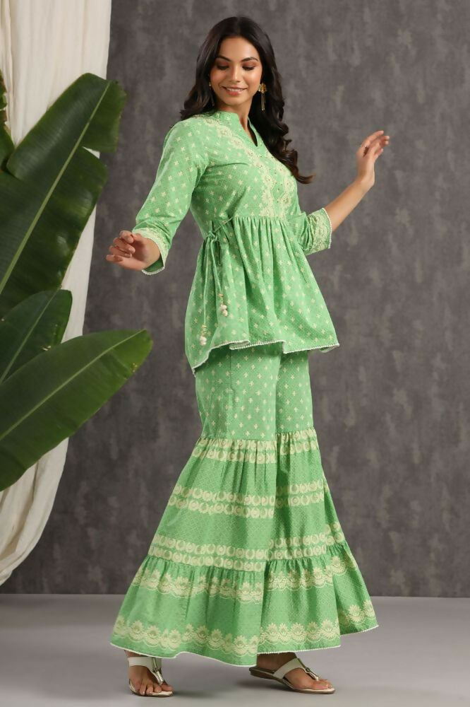 Juniper Green Ethnic Motif Printed Pure Cotton Tunic & Sharara With Sequins & Lace Detail - Swadesiicart