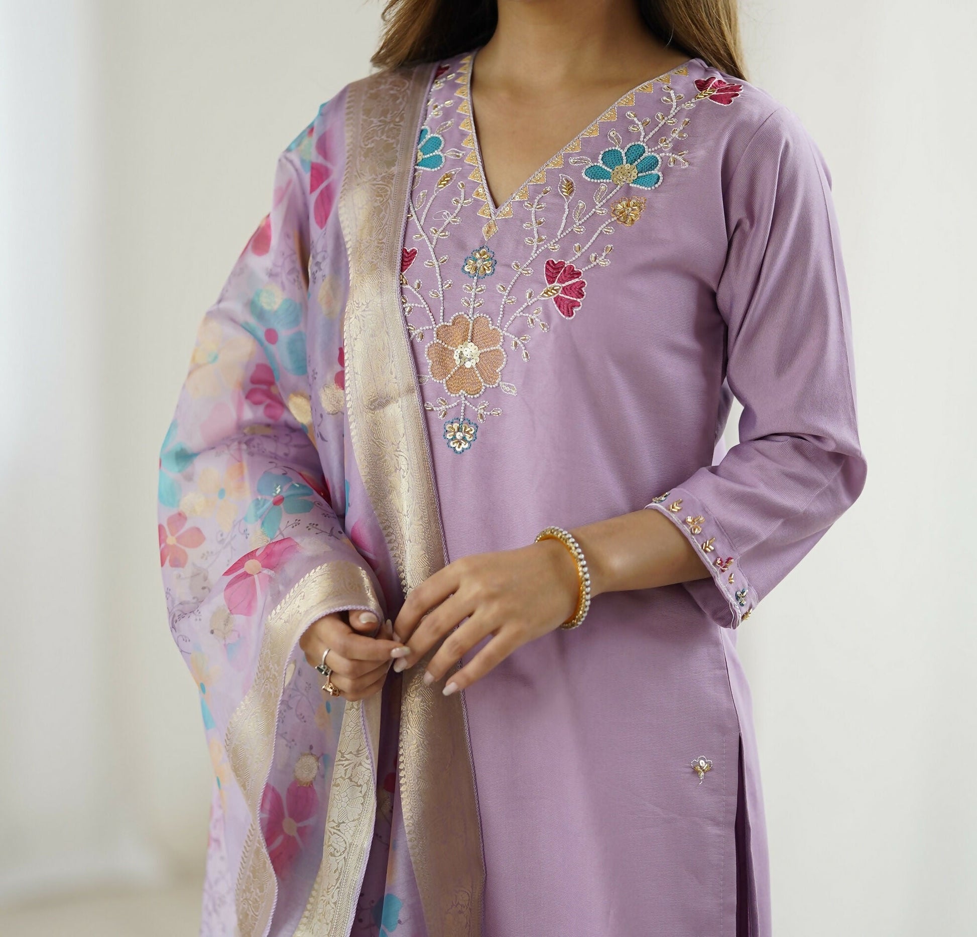 The52 Lavender Women's Gorgeous Embroidered work Viscose Gadhwal Fabric Straight Kurta, Pant and Dupatta Set - Swadesiicart