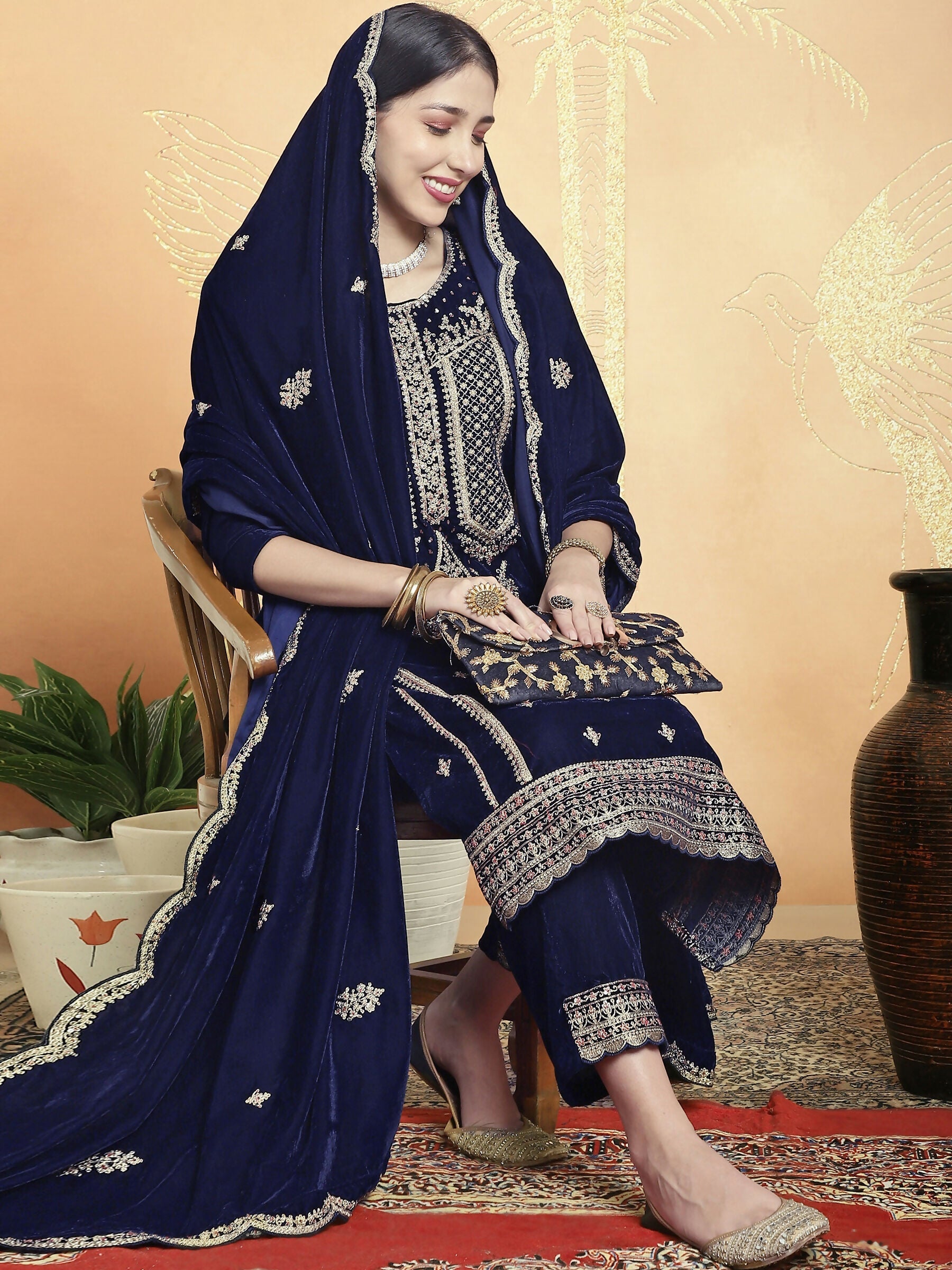 Jyoti Fashion Women's Navy Blue Velvet Cording with Resham Thread & Sequin Kurta with Trouser & Dupatta | Swadesiicart