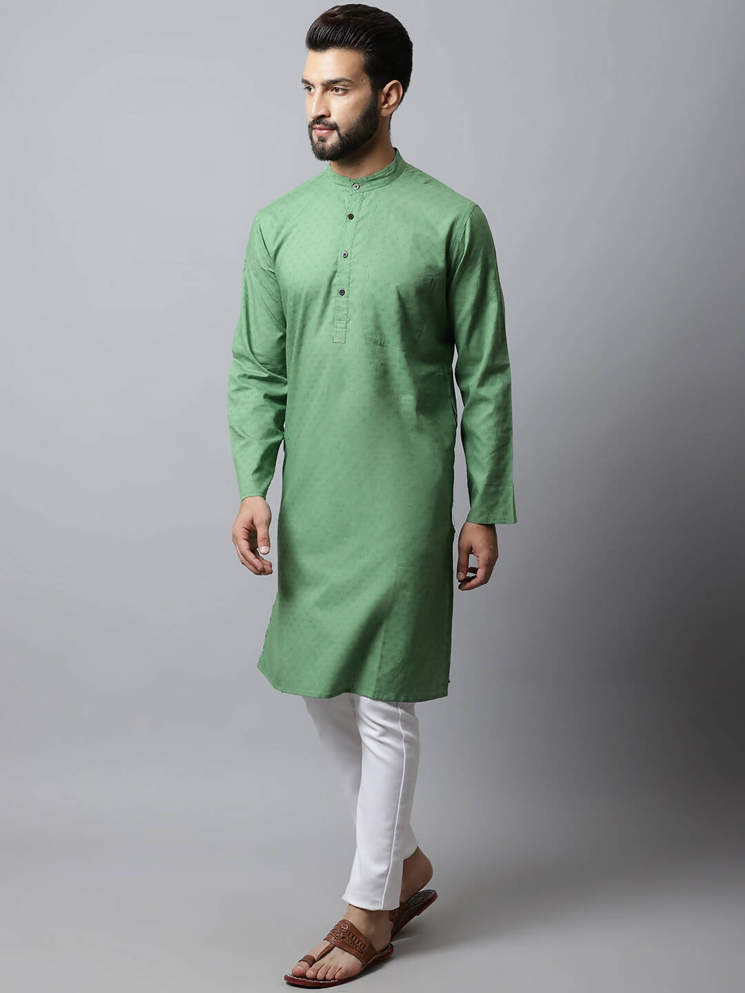 Even Apparels Green Color Pure Cotton Men's Kurta With Band Collar (SLD073) | Swadesiicart