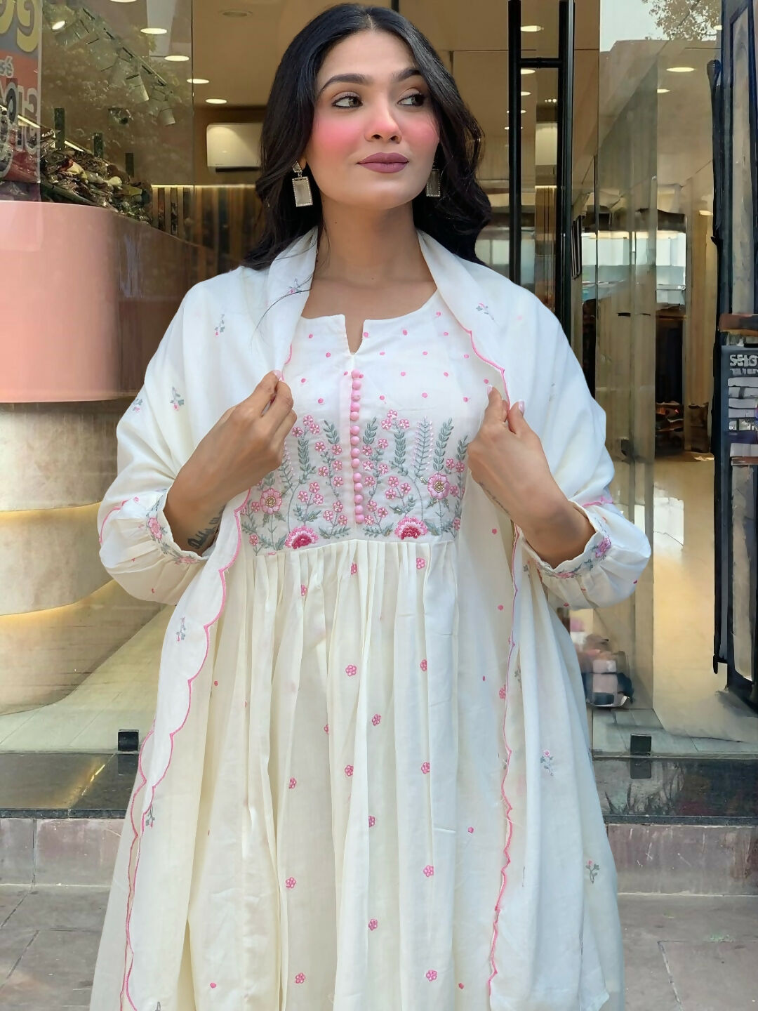 The52 White Women's Beautiful Cotton Fabric Thread Work Straight Kurta Pant and Dupatta Set - Swadesiicart