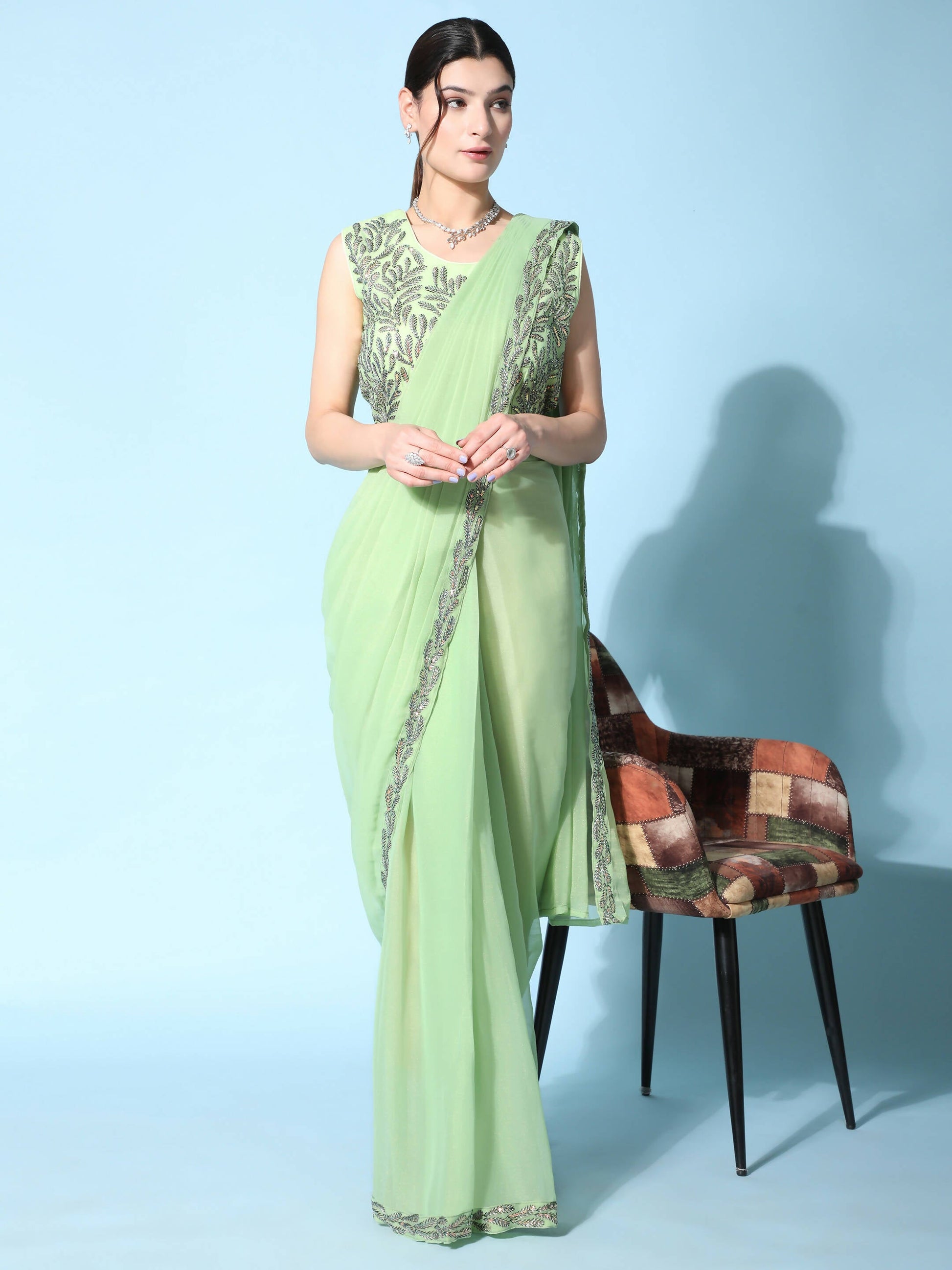 Green Fancy Pure Fabric Plain Ready to wear Saree with stitched Blouse - Vrinda | Swadesiicart