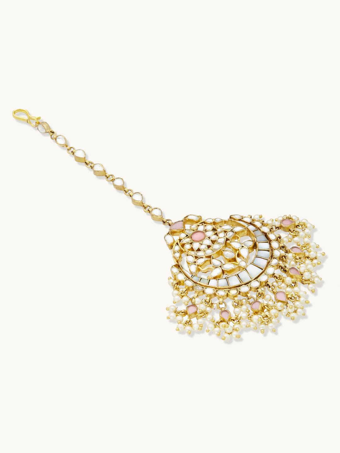Nuyug 22K Gold-Plated Pearls & Pink Kundan Studded Statement Maang Tikka Head Jewellery | Swadesiicart