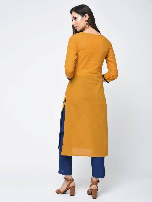 Aniyah Cotton Color Block Straight Kurta In Mustard Color (AN-102K) - Swadesiicart