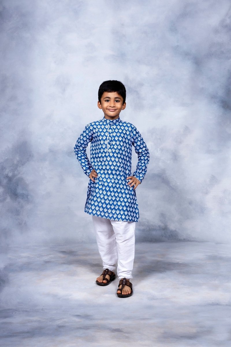 Ahalyaa Boys Blue Pure Cotton Porcian Print Kids Kurta Churidar Set | Swadesiicart