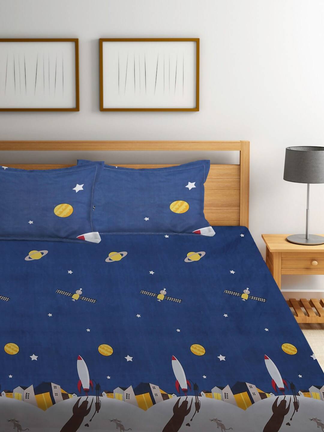 Home Sizzler Blue & Yellow Cartoon Characters 210 TC Bedsheet with Pillow Covers - Swadesiicart