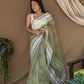 Vamsee White Border Green Organza Saree - Swadesiicart
