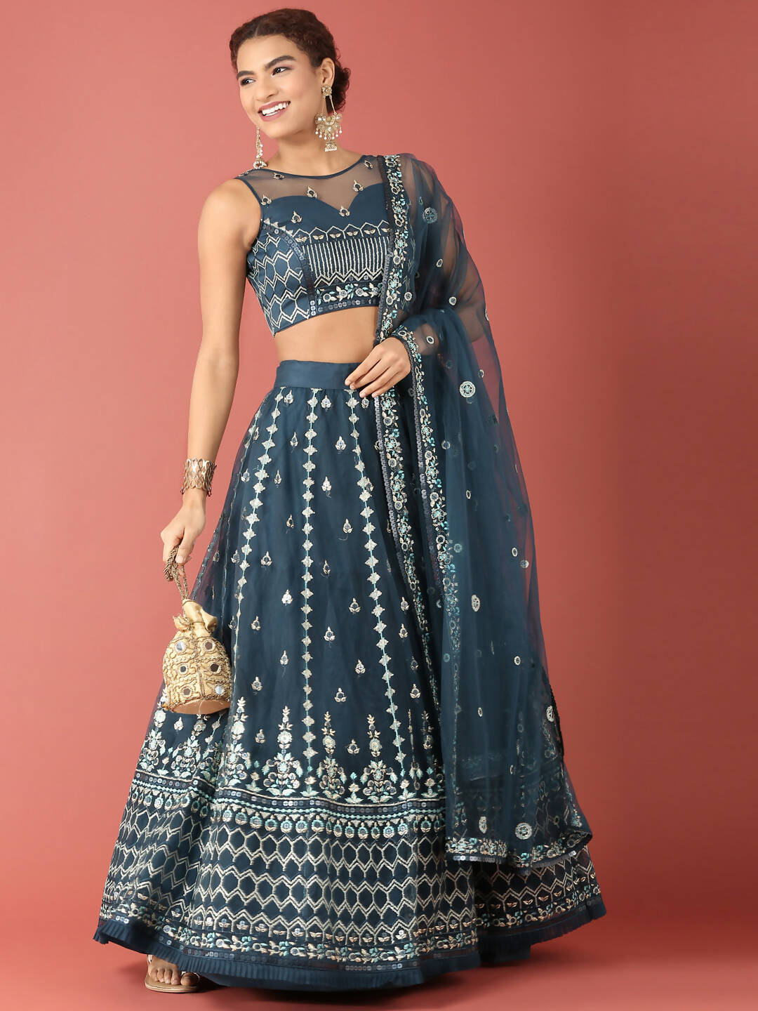 House of Panchhi Navy Blue Net Sequinse Work Lehenga & Blouse, Dupatta | Swadesiicart