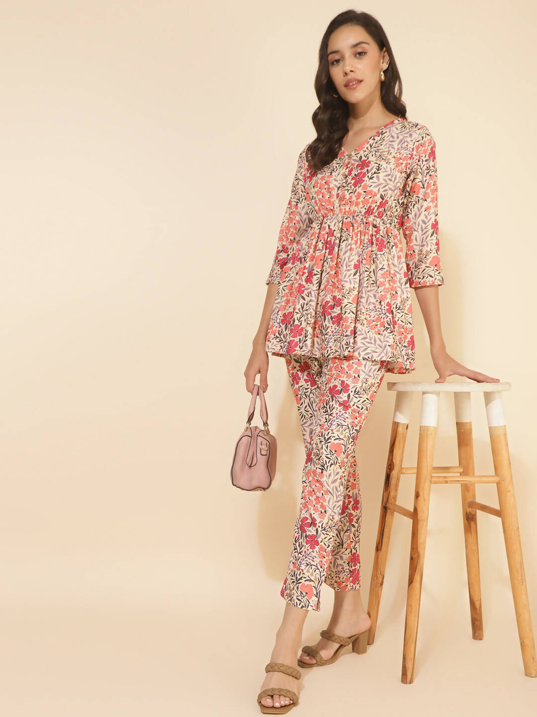 Janasya Women's Multicolor Moss Floral Printed Casual Flared Co-ords - Swadesiicart