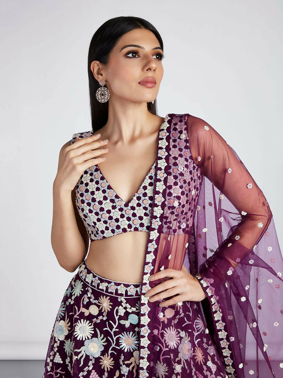 House of Panchhi Burgundy Net heavy Sequinse embroidery Semi-Stitched Lehenga choli & Dupatta | Swadesiicart