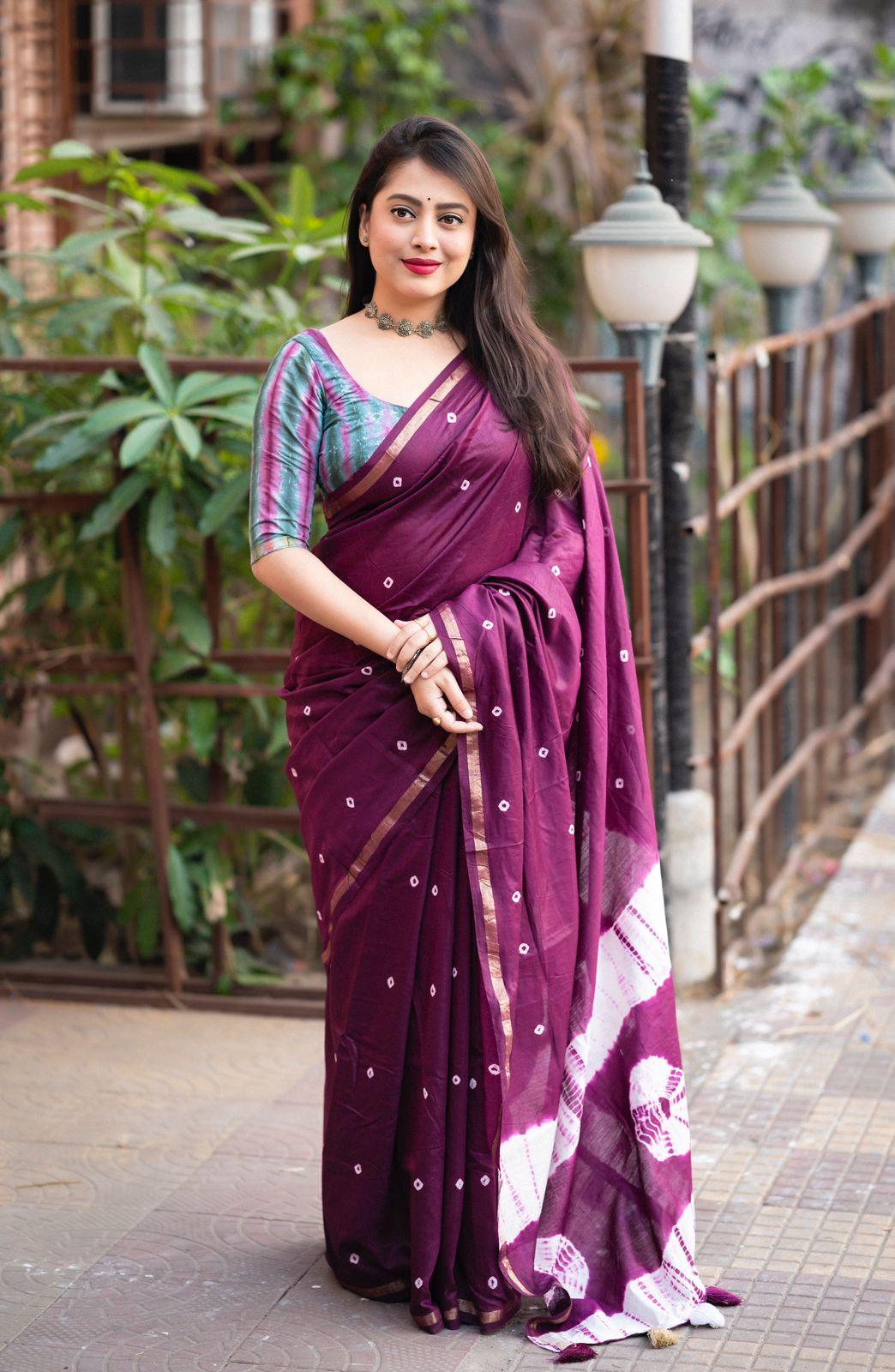 Purple Chanderi Cotton Block Print Saree with Unstitched Blouse - Hiral Fashion | Swadesiicart