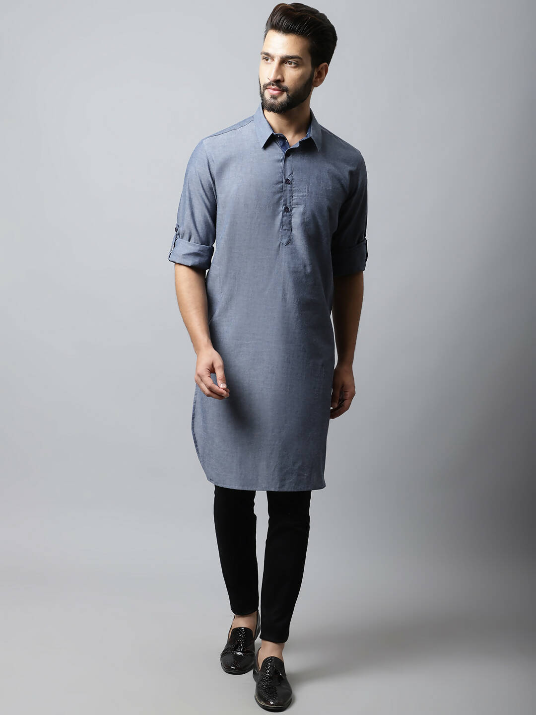 Even Apparels Grey Color Pure Cotton Solid Men's Kurta With Shirt Collar (MMS149) | Swadesiicart