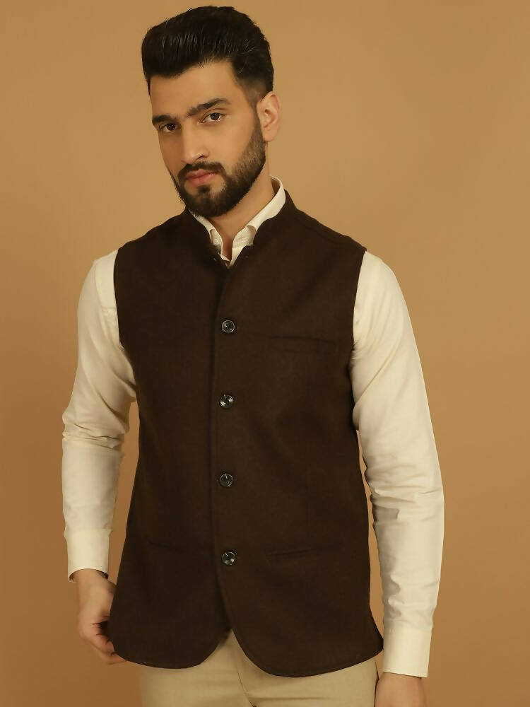 Even Apparels Pure Wool Nehru Jacket - Brown | Swadesiicart