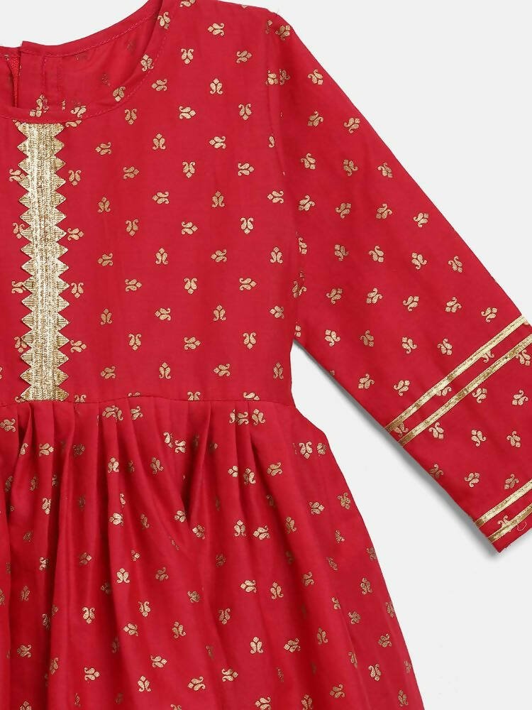 Ahalyaa Red Crepe Gold Printed Kids Kurta Sharara Set For Girls | Swadesiicart