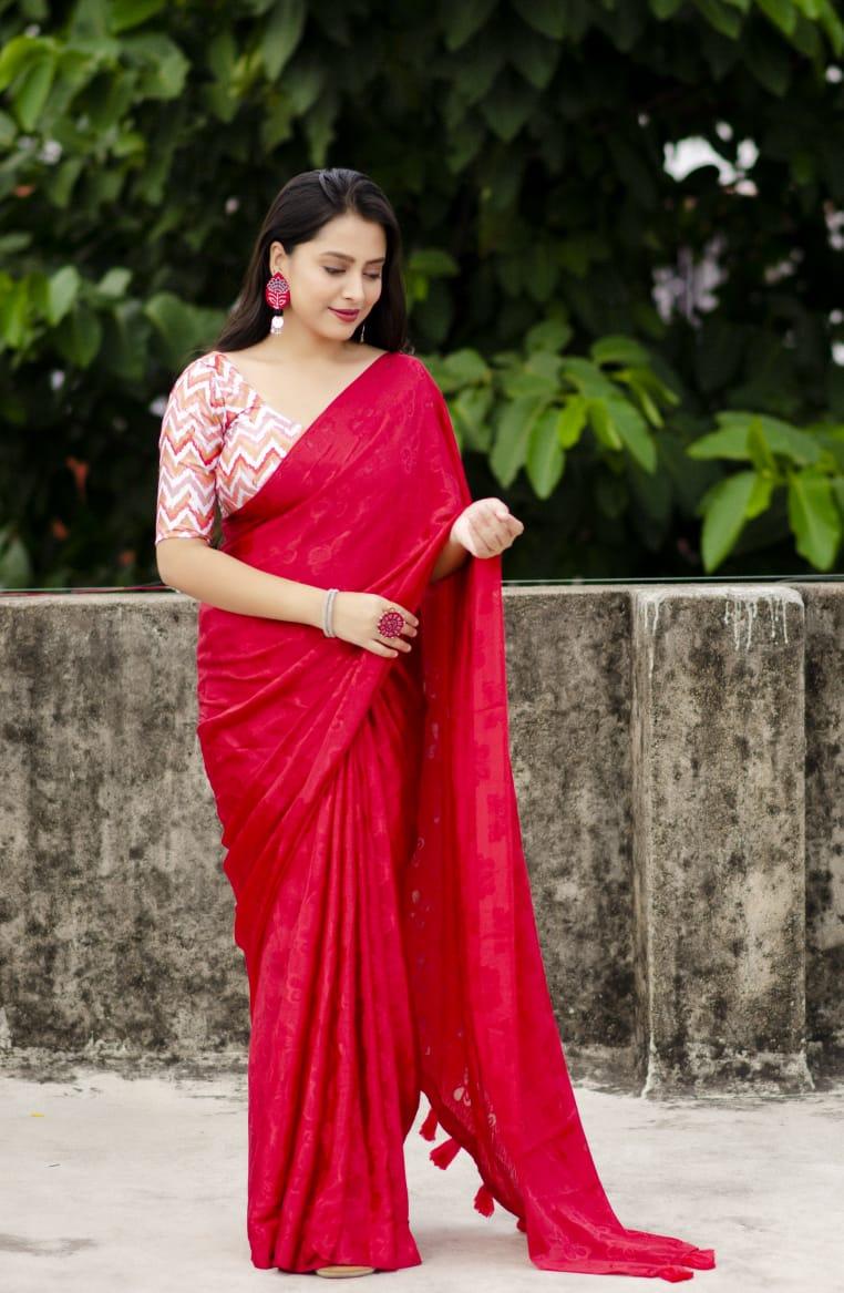 Red Silk Blend Ethnic Motifs Saree with Unstitched Blouse - Hiral Fashion | Swadesiicart