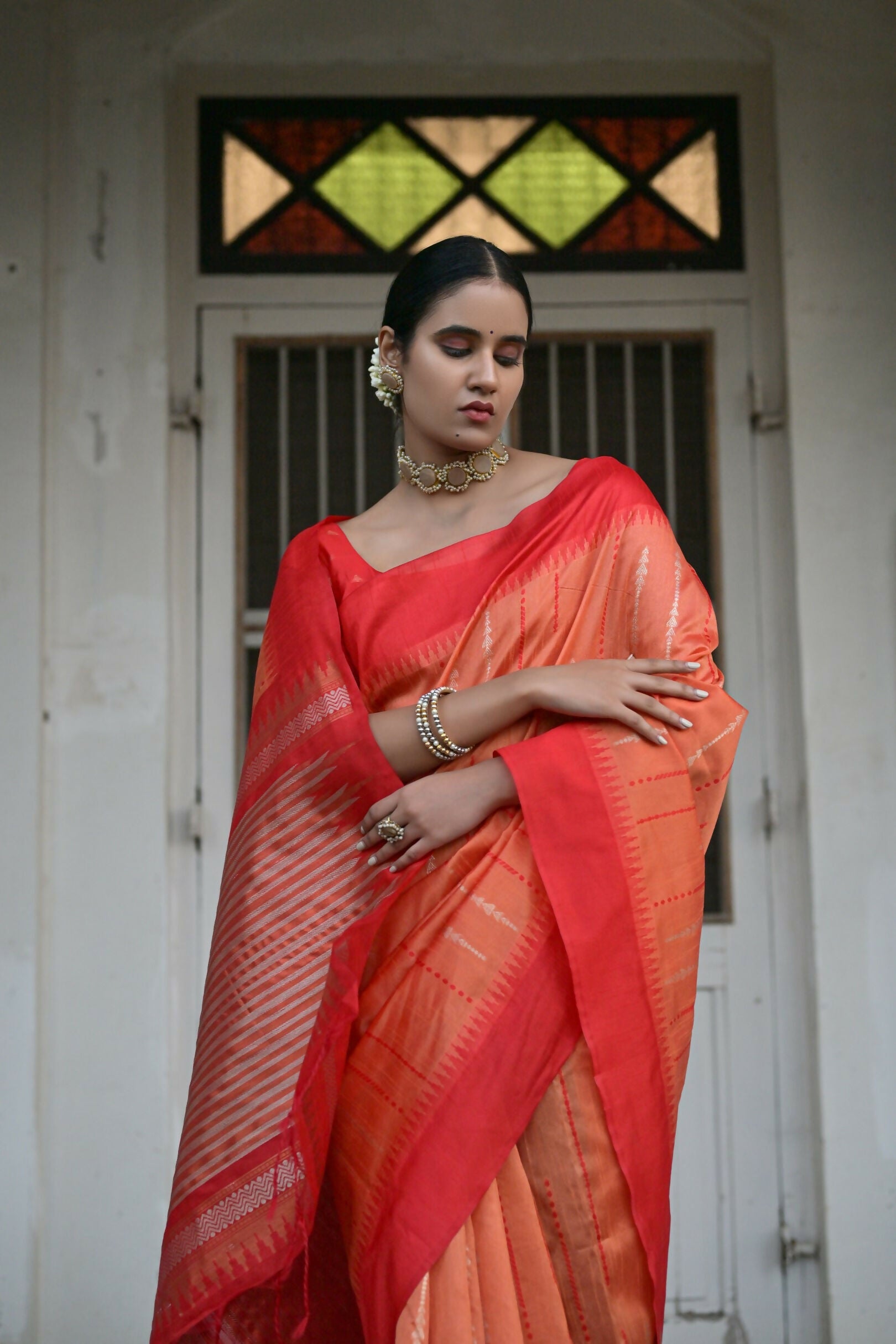 Vishnu Weaves Women's Orange Raw Silk Saree with Blouse - Swadesiicart