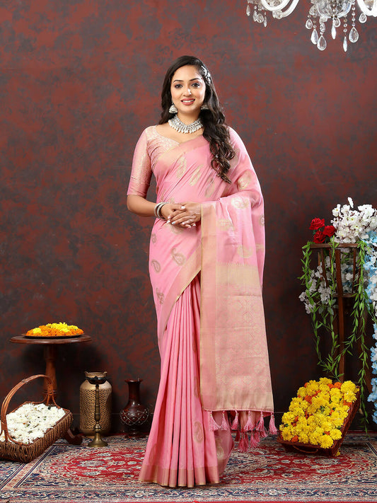 Lorenvalley Fashion Pink Cotton Woven Design with Zari Weaving Design Saree - Swadesiicart