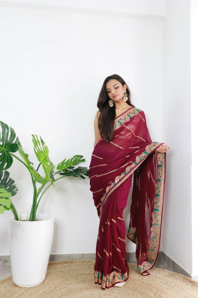 Vamsee Aaradhna Maroon Georgette Saree - Swadesiicart
