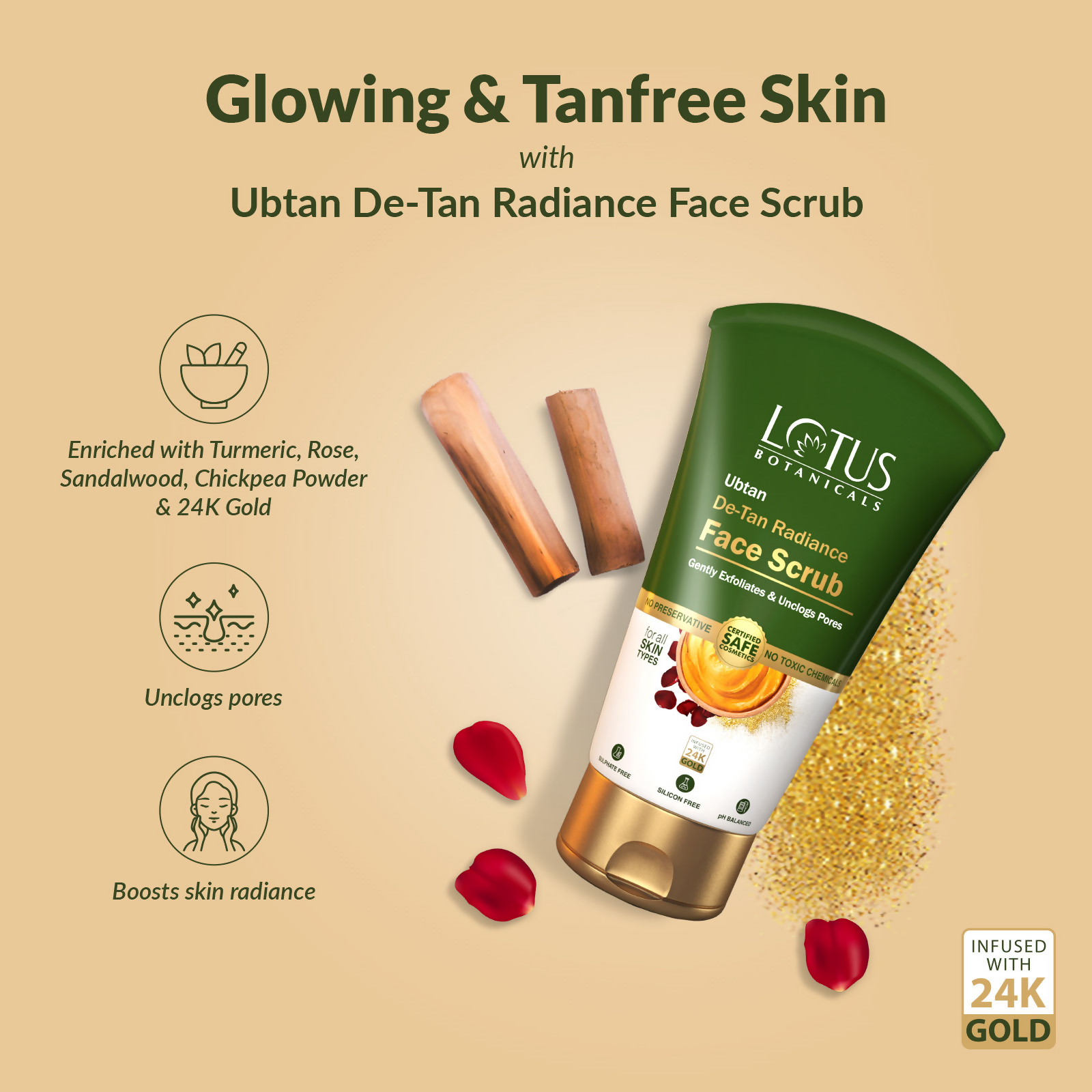 Lotus Botanicals Ubtan De-Tan Radiance Face ScrubInfused with 24K Gold For Gentle Exfoliation | Swadesiicart