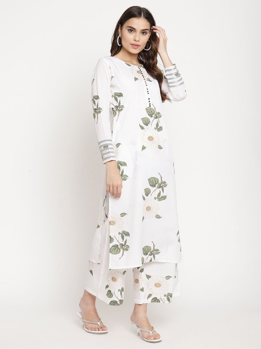 Ahalyaa Women's White Crepe Digital Print Kurta Palazzo Set With Dupatta | Swadesiicart