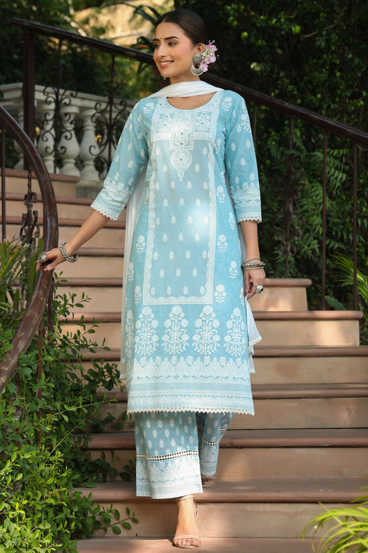 Juniper Women's Skyblue Printed Straight Kurta Sets | Swadesiicart