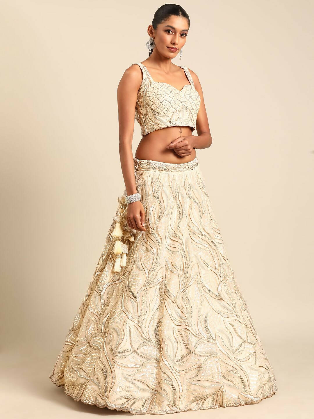 House of Panchhi Cream Net Sequins and Zarkan embroidery Lehenga choli & Dupatta | Swadesiicart
