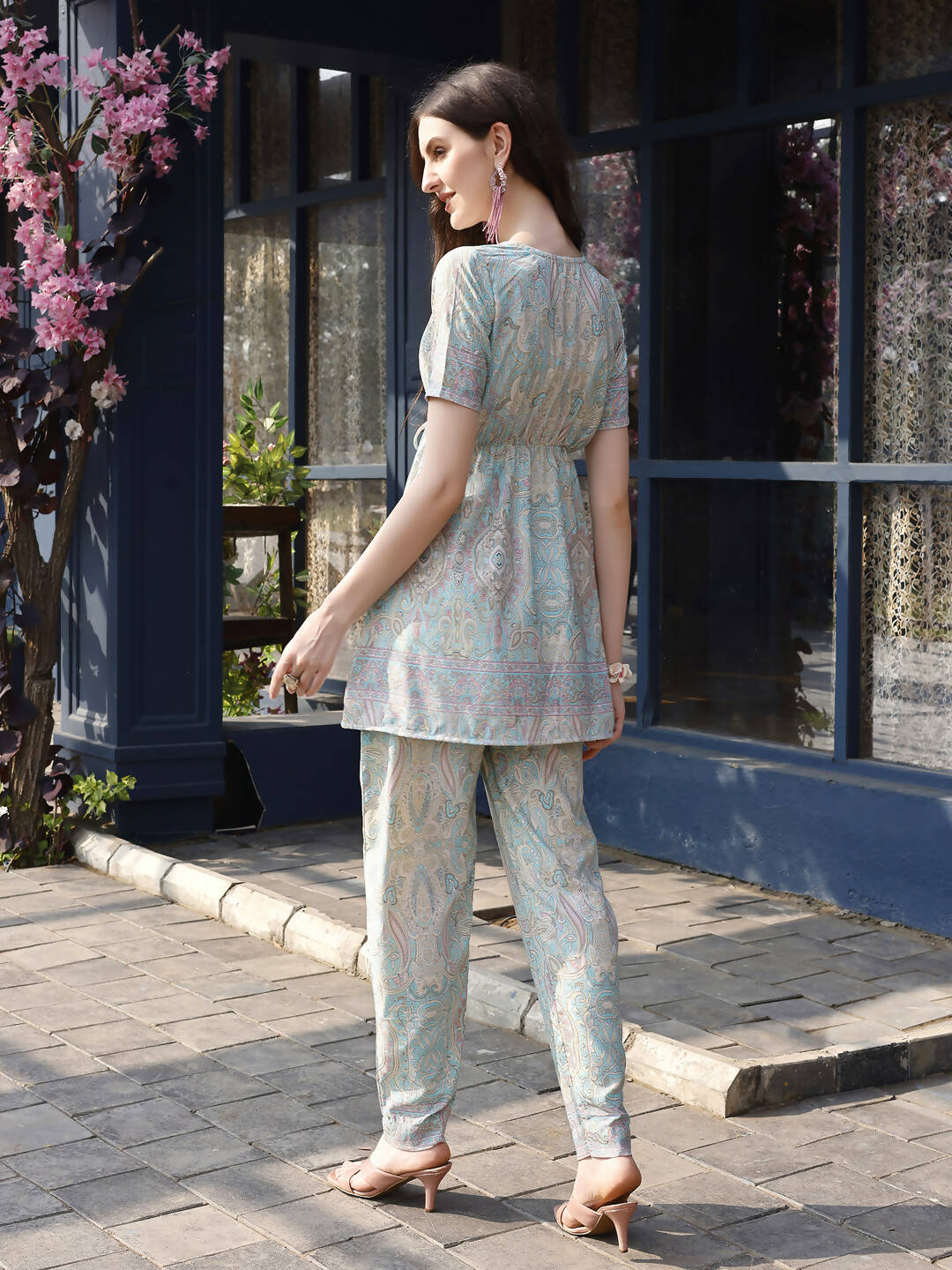 Sky Blue Rayon Paisley & Floral Printed Top with Matching Bottom - Eesha - Swadesiicart