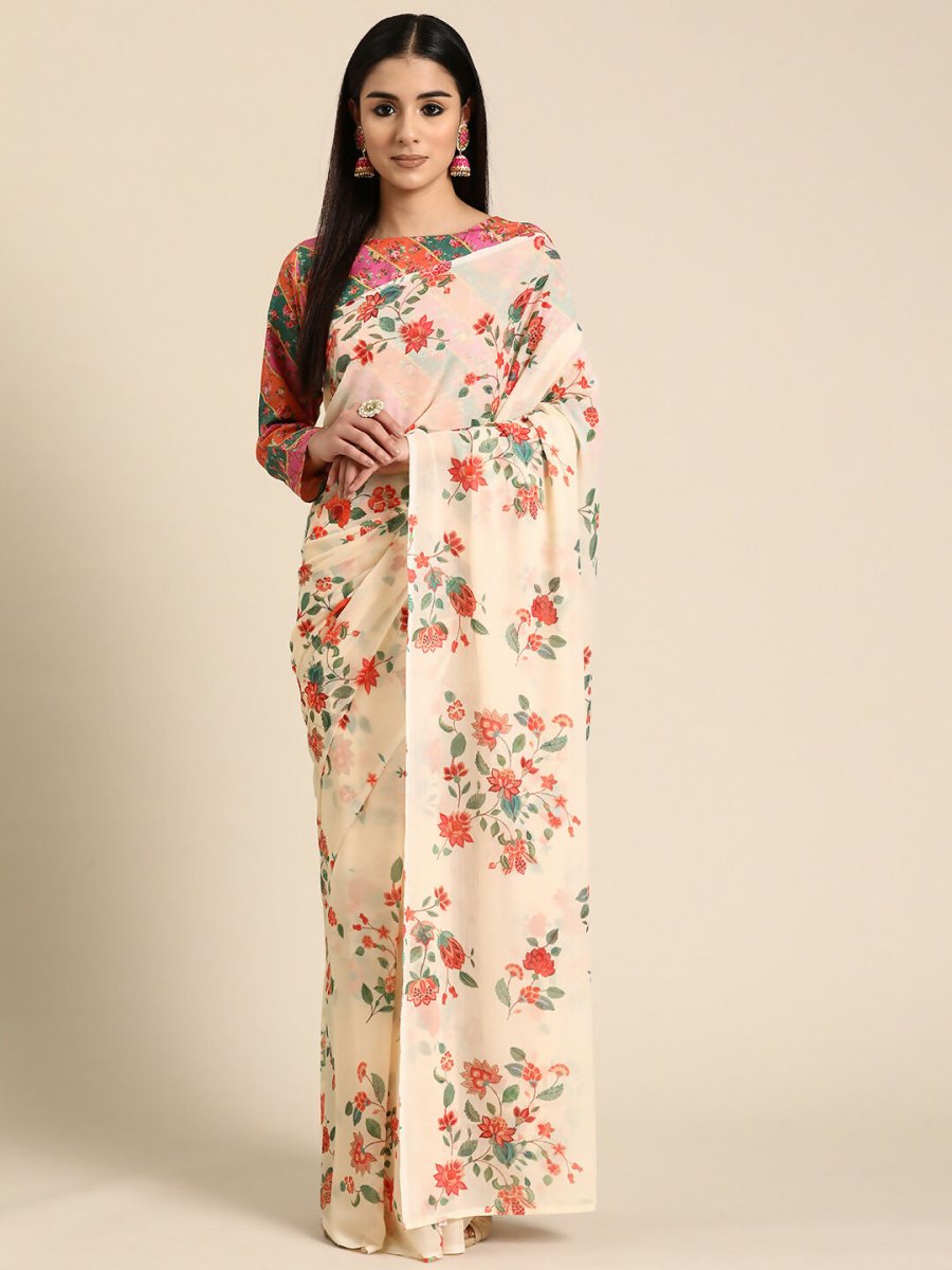 Ahalyaa Women's Traditional Semi Stitch Saree - Off White | Swadesiicart