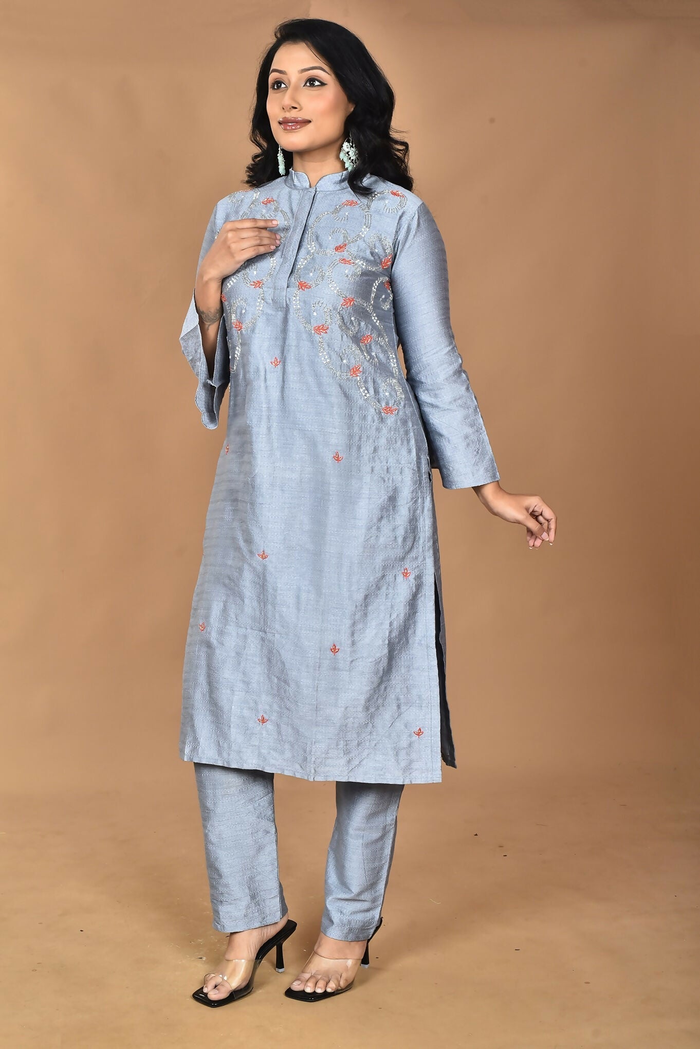 Morchari Women And Hand Embroidery Co-Ord Set-Grey - Swadesiicart