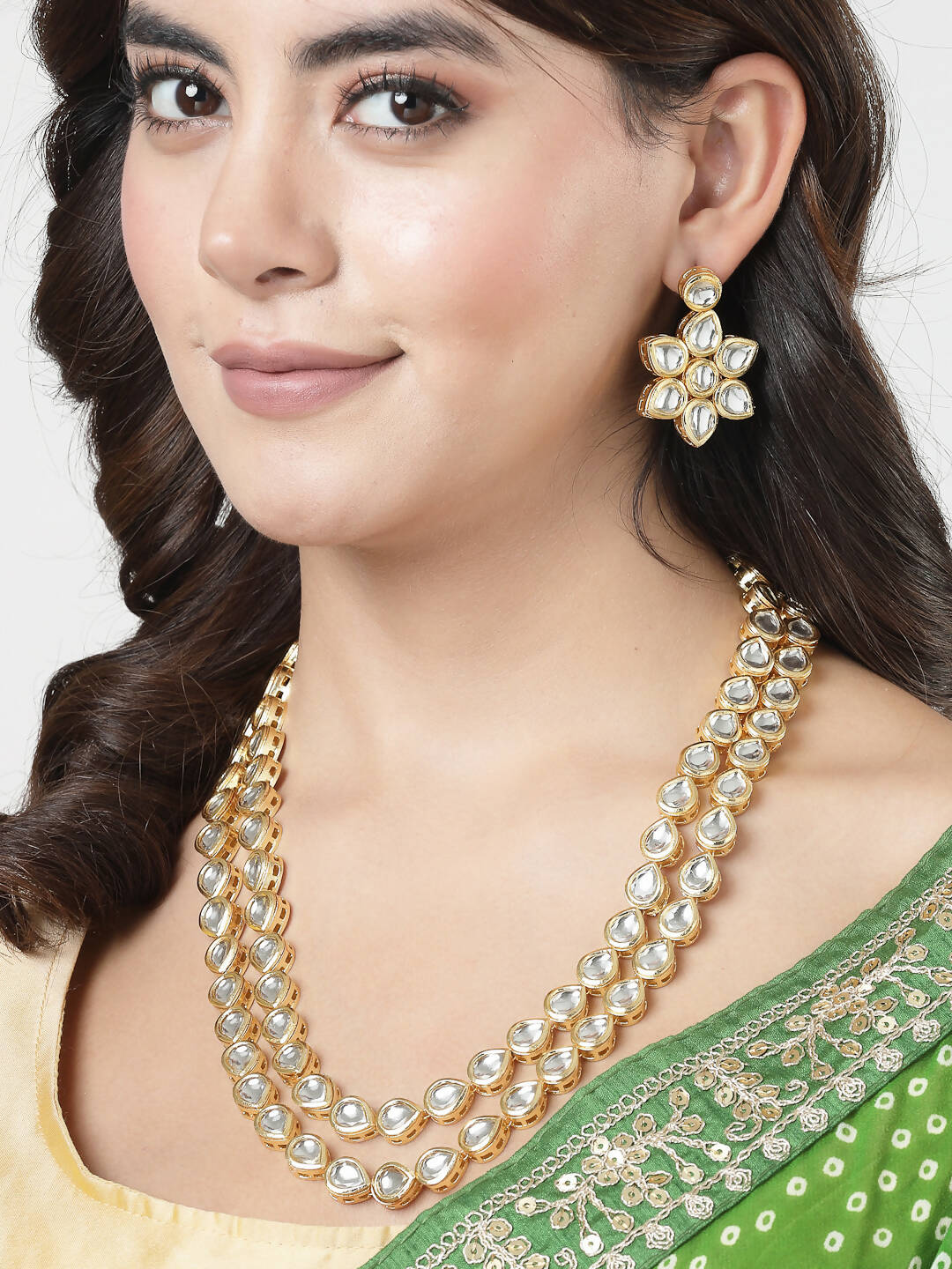 NVR Women's Gold-Polished Kundan 2 Layered Handcrafted Jewellery Sets With Drop Earrings - Swadesiicart