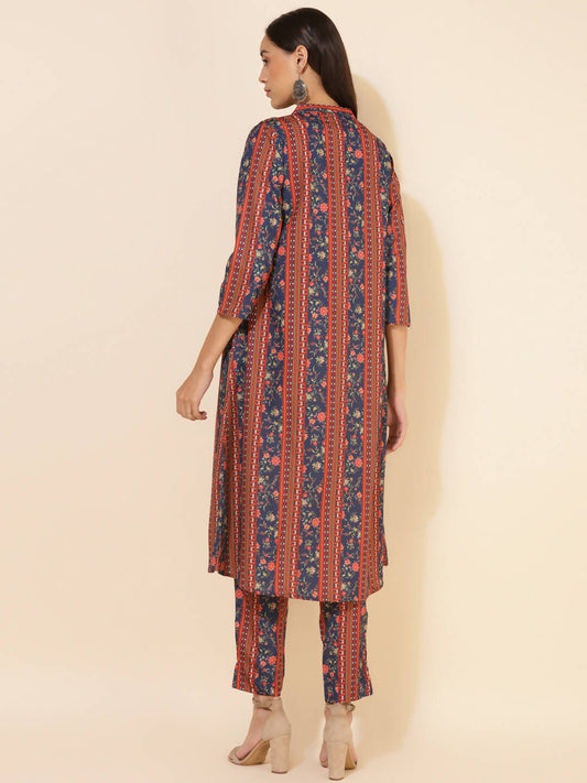 Janasya Women's Blue Crepe Digital Floral Printed Festive A-line Co-ords - Swadesiicart